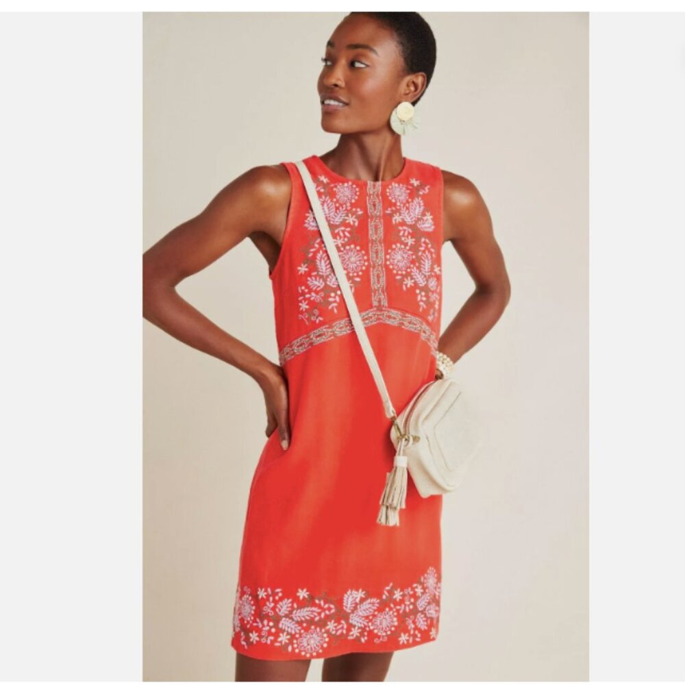 New! Anthropologie Aiko Embroidered Red Linen Blend Shift Dress Women's Size 6 - Picture 2 of 13